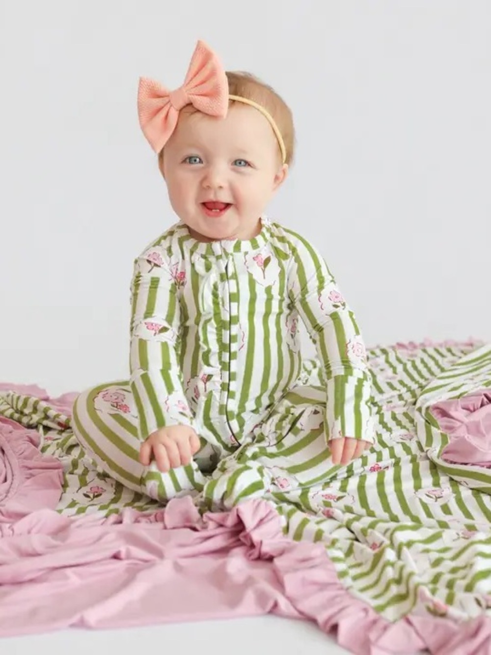 Green Stripe Floral baby Pajamas - Soft Cotton Footed Sleeper